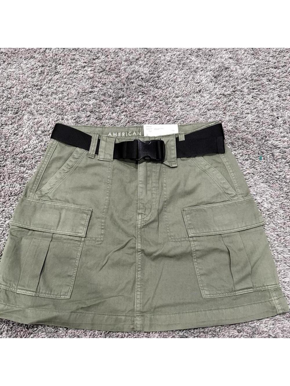American Eagle Olive Green Cargo Skirt with Black Belt, Size